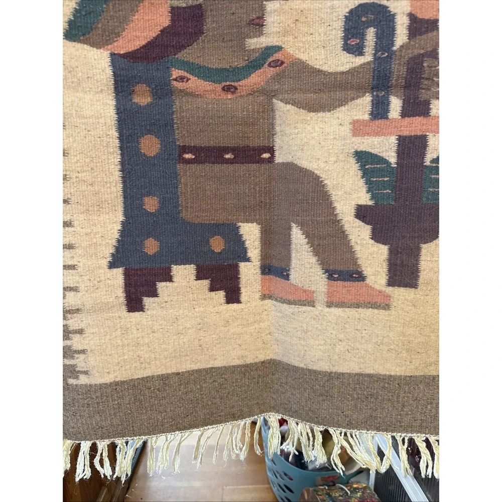 Vtg Rug Wool Hand Woven Aztec Pictorial Mexico Tapestry Prayer Rug/ Hang 36